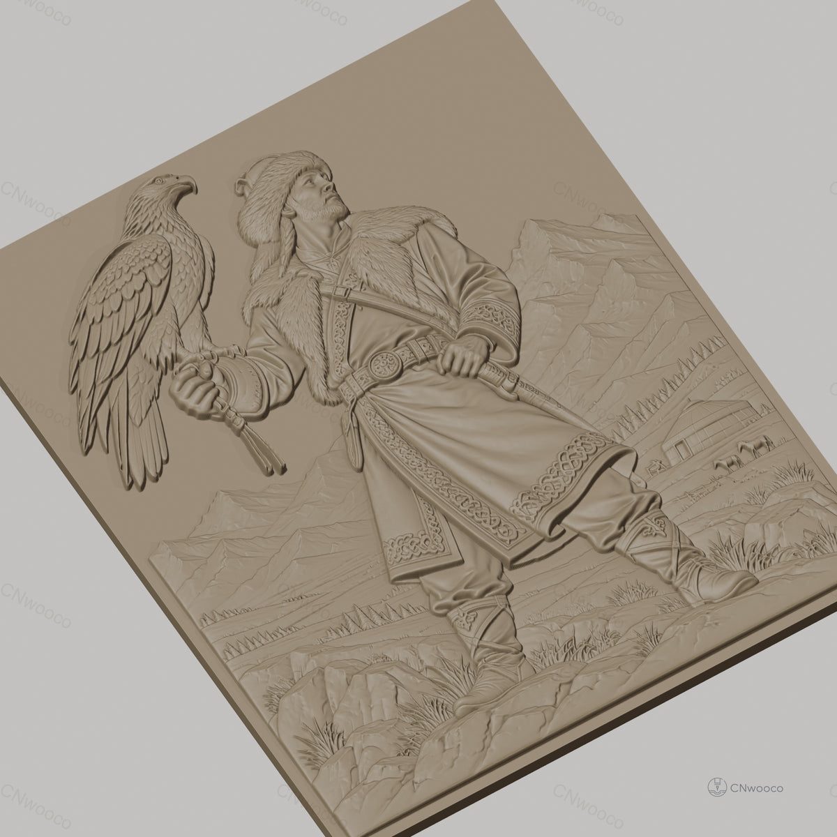 Fichier CNC & impression 3D guerrier mongol, homme en fourrure avec aigle et montagnes, haute qualité relief STL