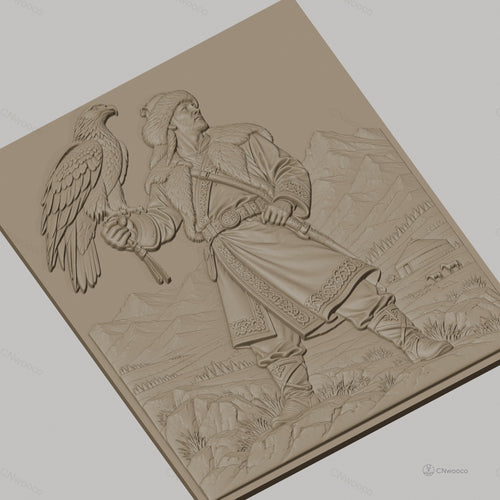 Fichier CNC & impression 3D guerrier mongol, homme en fourrure avec aigle et montagnes, haute qualité relief STL