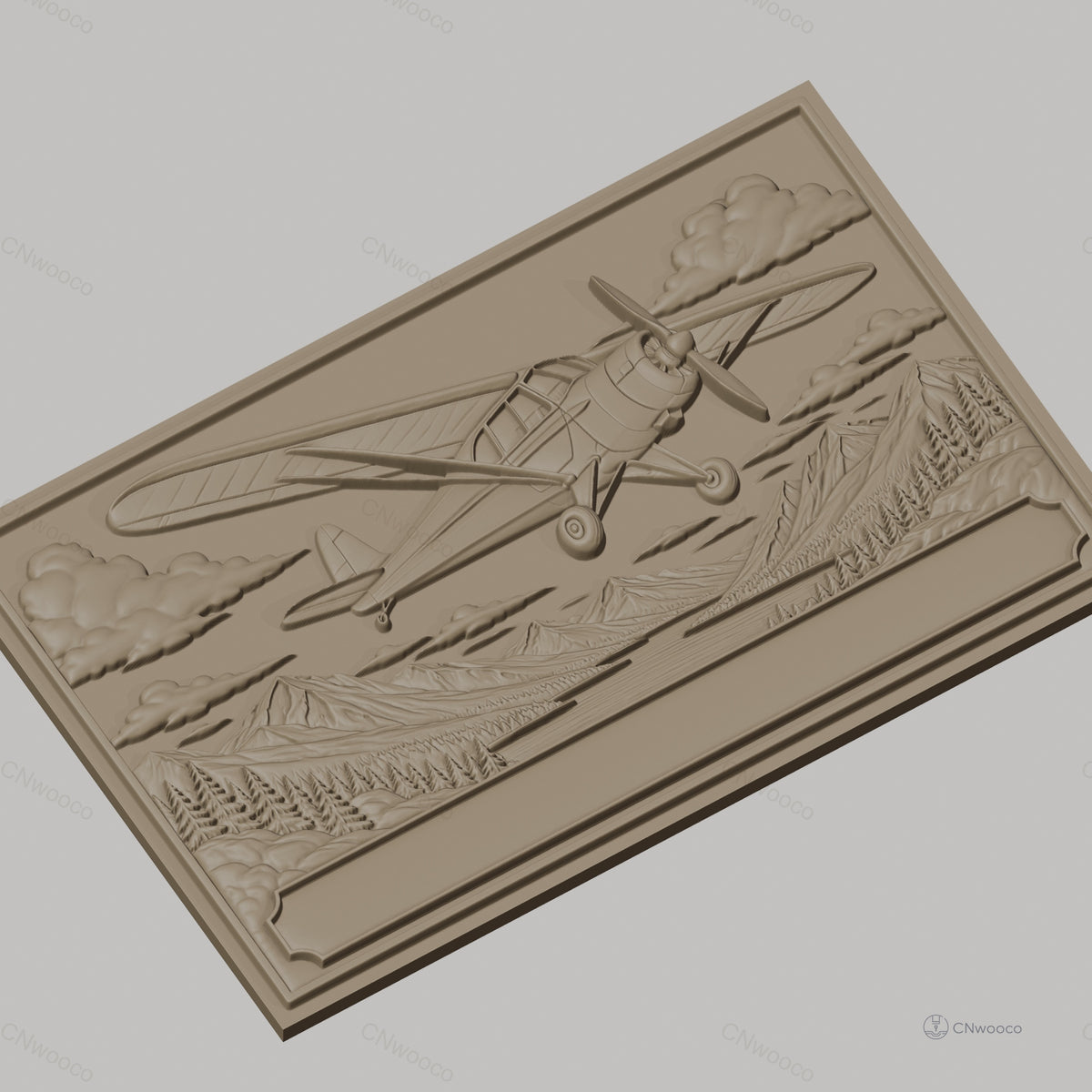 Fichier CNC & impression 3D avion vintage, paysage montagne forêt et rivière, haute qualité relief STL