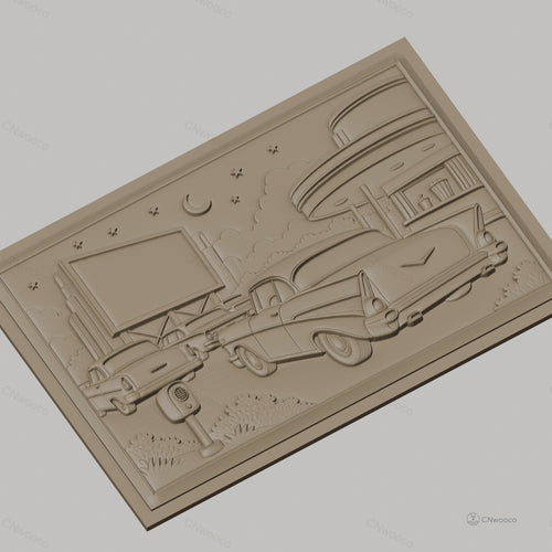 Fichier CNC & impression 3D scène drive-in rétro avec voitures vintage, panneau publicitaire et kiosque, haute qualité relief STL