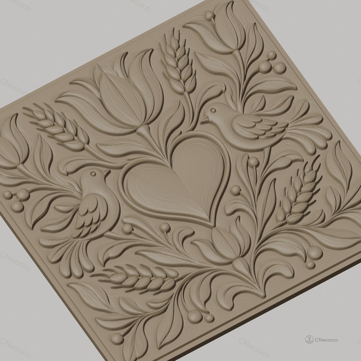 Fichier CNC & impression 3D relief coeur, oiseaux, fleurs et épis de blé, haute qualité relief STL