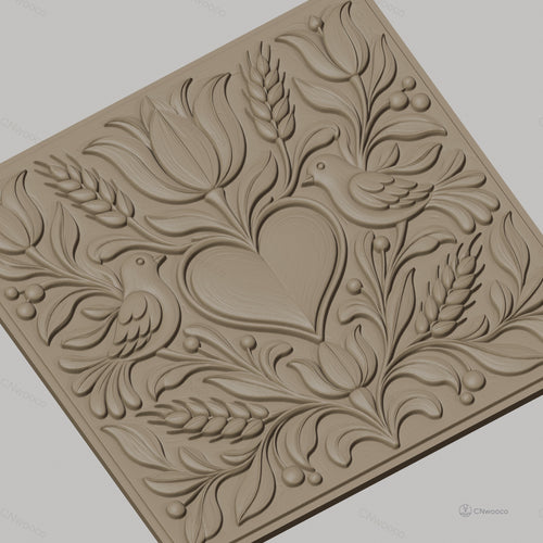 Fichier CNC & impression 3D relief coeur, oiseaux, fleurs et épis de blé, haute qualité relief STL
