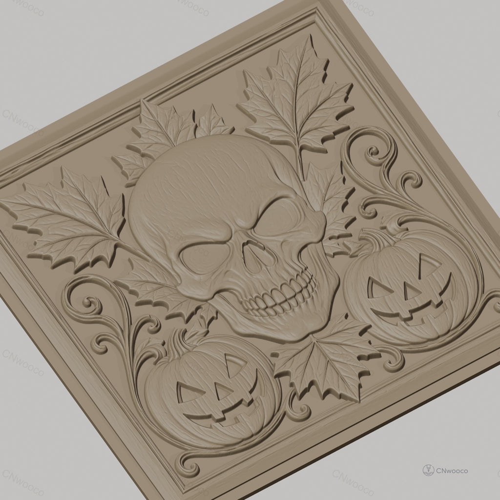 Fichier CNC & impression 3D Halloween, crâne, citrouilles jack-o'-lantern et feuilles d'automne, haute qualité relief STL
