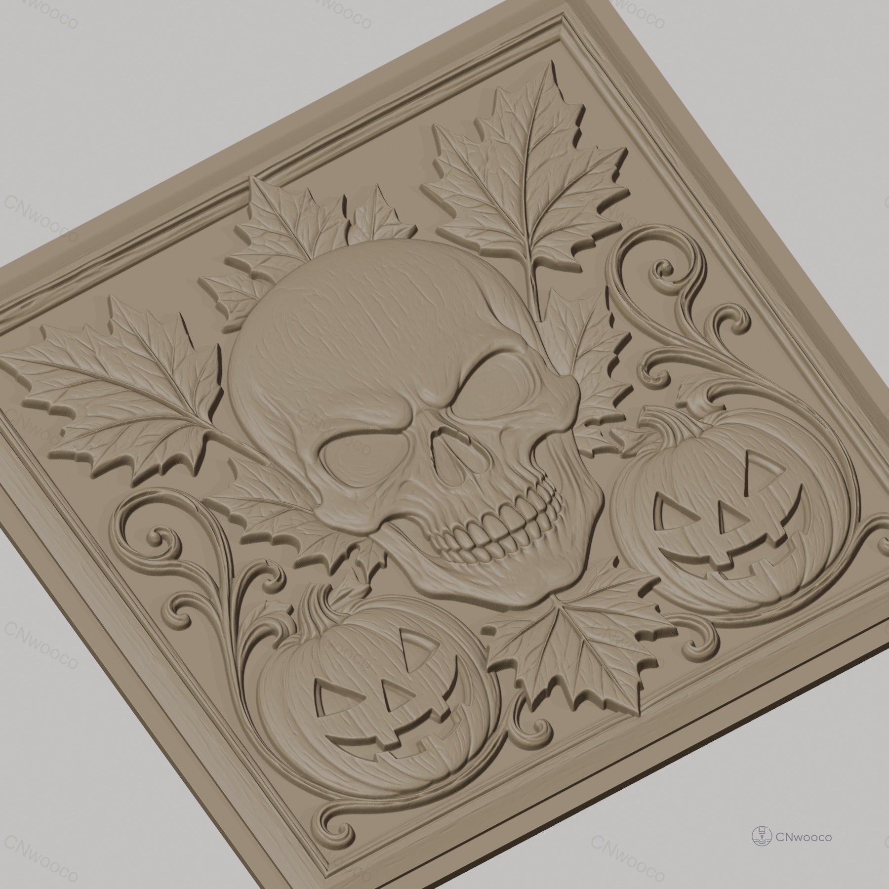 Fichier CNC & impression 3D Halloween, crâne, citrouilles jack-o'-lantern et feuilles d'automne, haute qualité relief STL