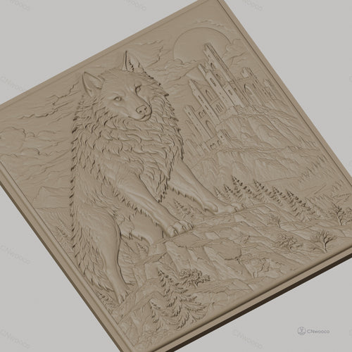 Fichier CNC & impression 3D loup debout sur rocher avec château médiéval, haute qualité relief STL