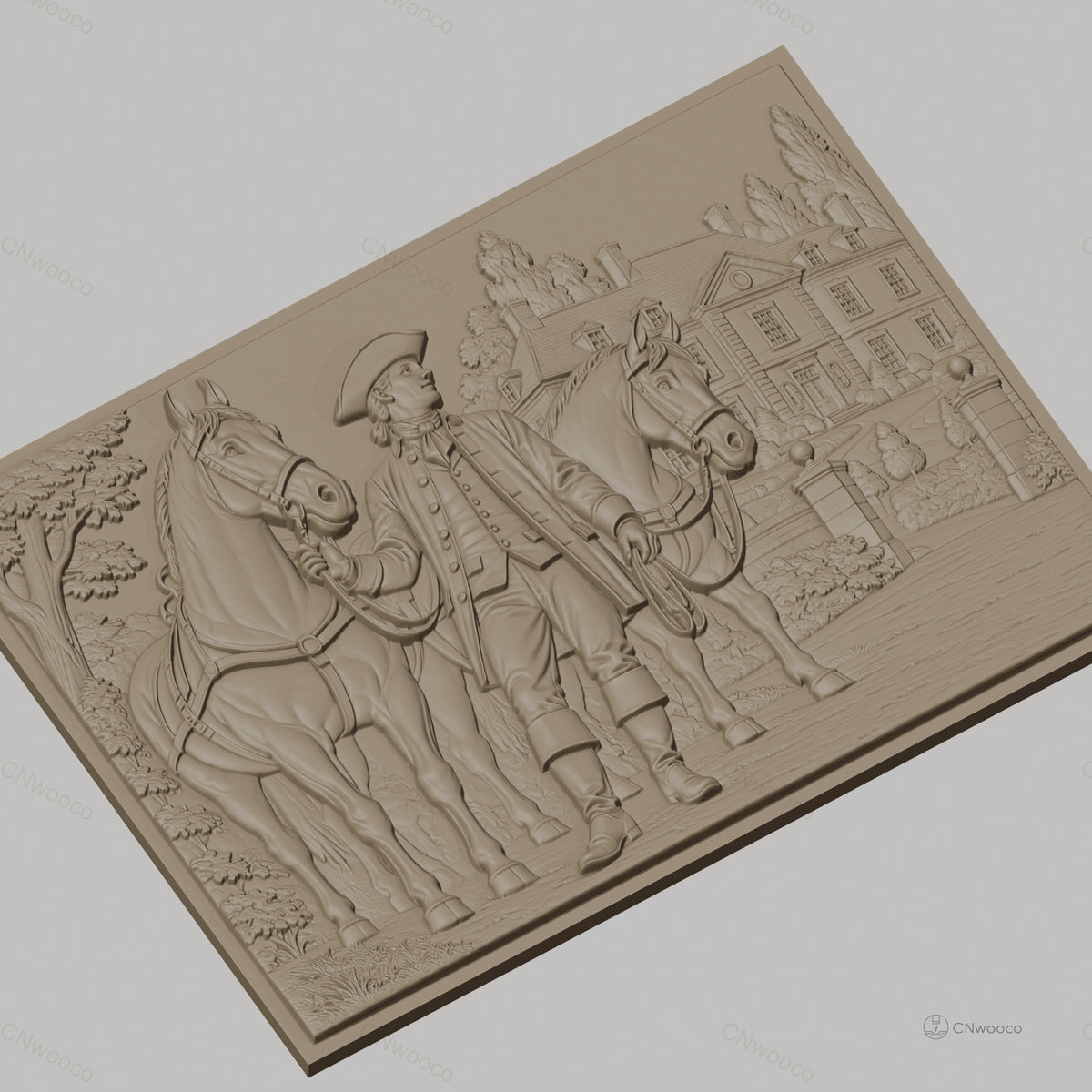 Fichier CNC & impression 3D homme colonial avec chevaux et maison coloniale, haute qualité relief STL