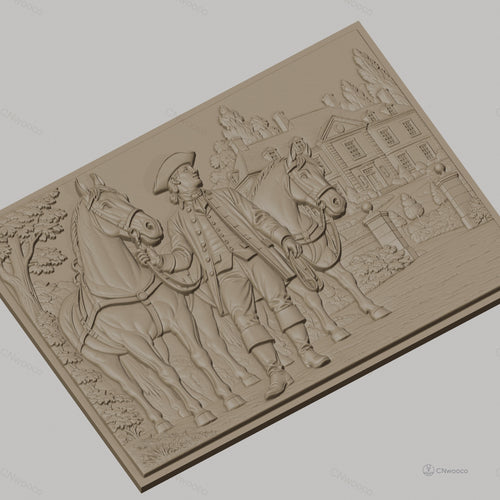 Fichier CNC & impression 3D homme colonial avec chevaux et maison coloniale, haute qualité relief STL