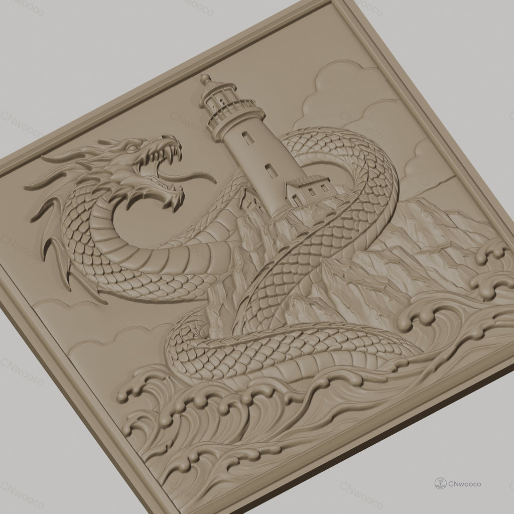Fichier CNC & impression 3D dragon marin, phare et vagues sculptés, haute qualité relief STL