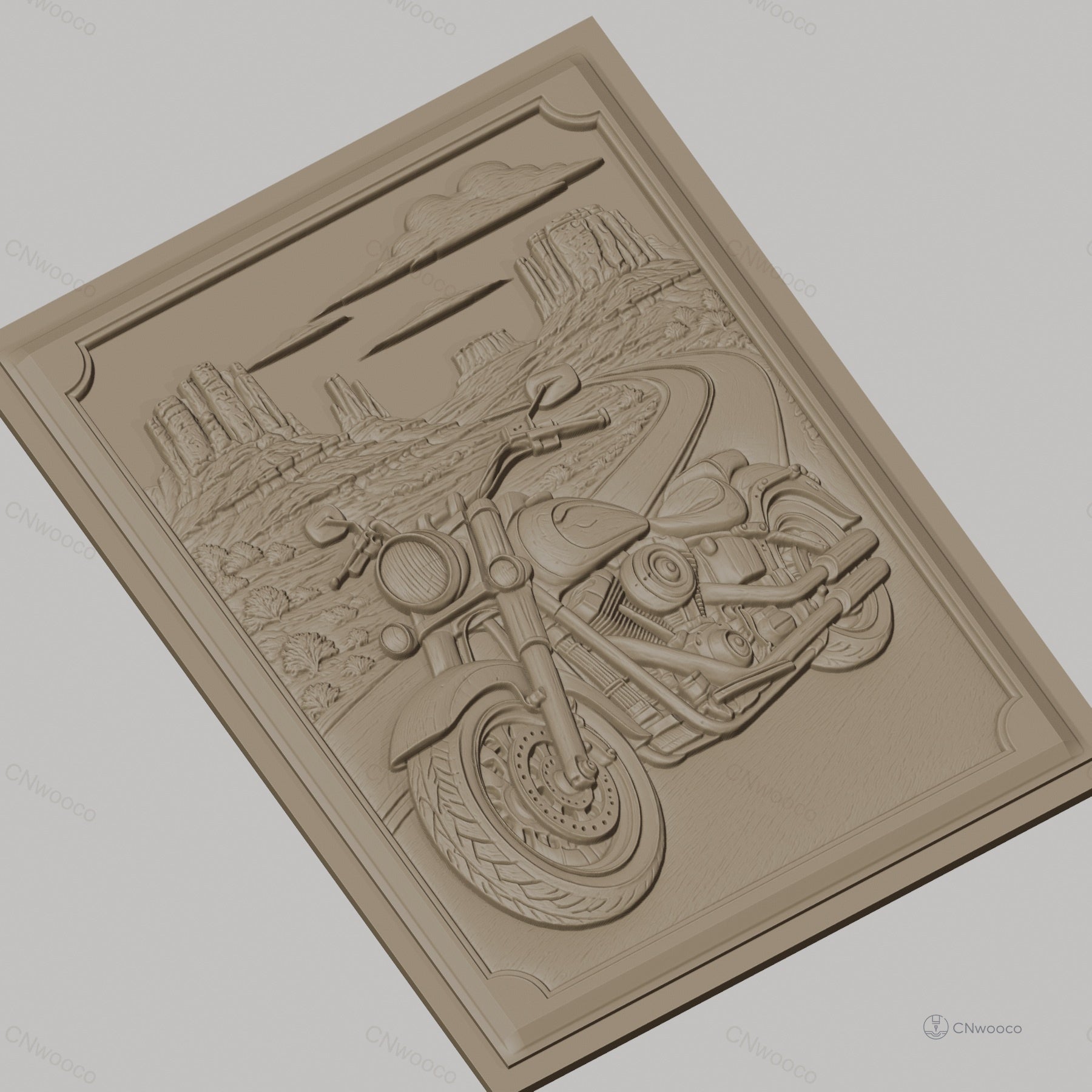 Fichier CNC & impression 3D moto cruiser, route désertique avec buttes et nuages, haute qualité relief STL