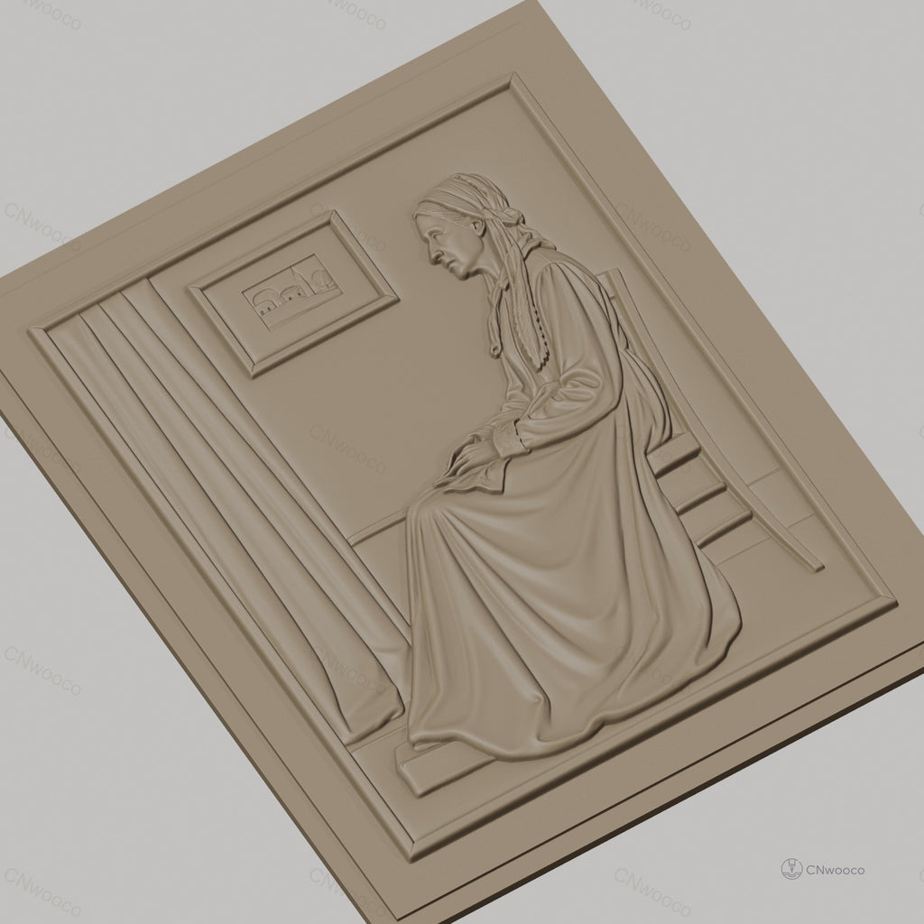 Fichier CNC & impression 3D femme assise robe longue, relief intérieur avec cadre et rideau, haute qualité relief STL