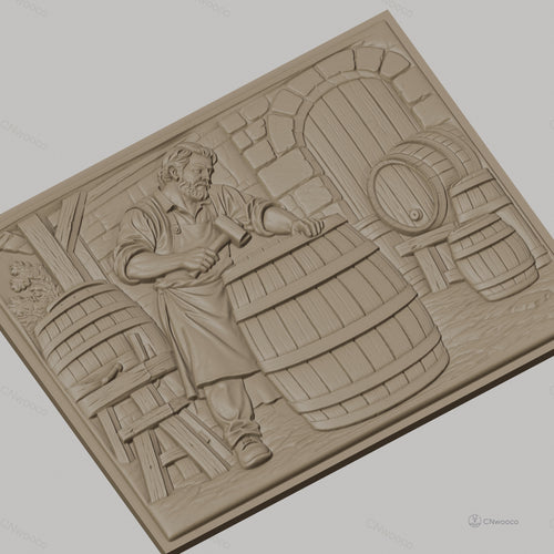 Fichier CNC & impression 3D tonnelier en action, barils en bois et atelier de fabrication, haute qualité relief STL