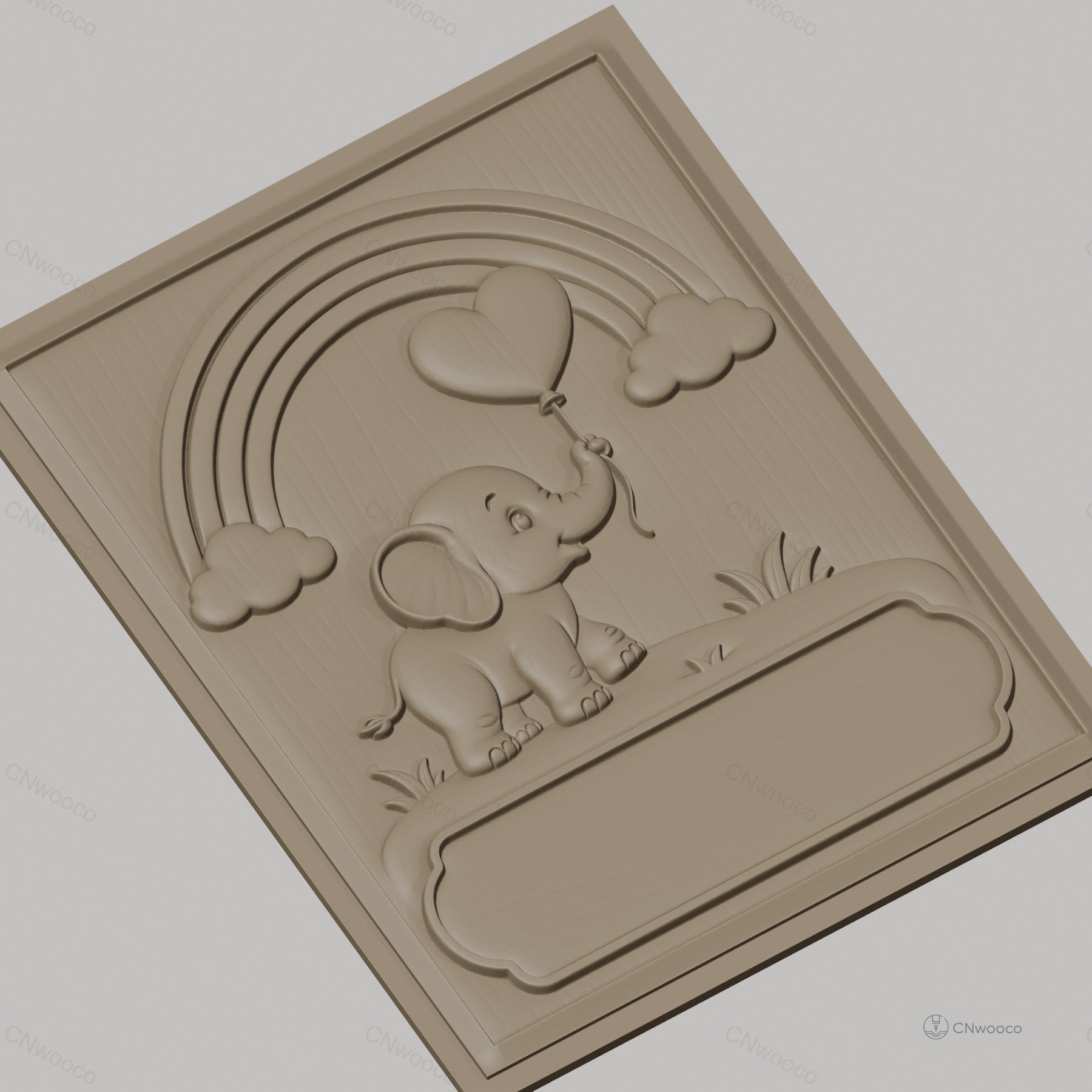 Fichier CNC & impression 3D éléphant bébé, ballon cœur, arc-en-ciel, nuages, relief pour chambre d'enfant, haute qualité relief STL