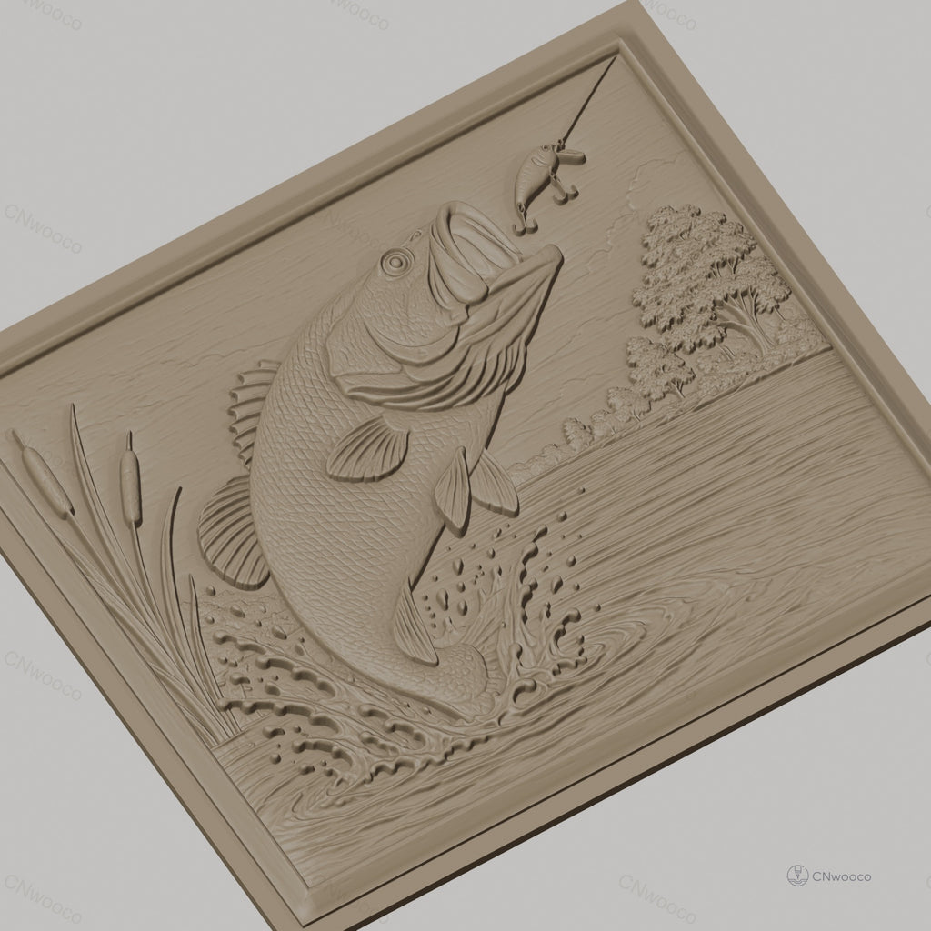 Fichier CNC & impression 3D poisson bass sautant, leurre de pêche et eau éclaboussante, haute qualité relief STL