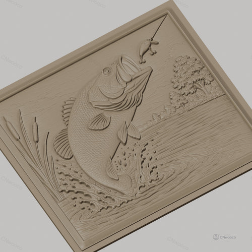 Fichier CNC & impression 3D poisson bass sautant, leurre de pêche et eau éclaboussante, haute qualité relief STL