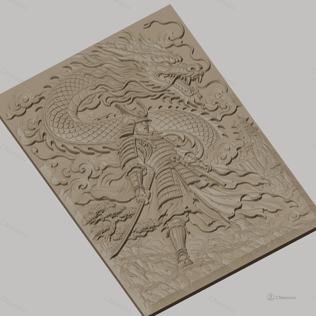 Fichier CNC & impression 3D samouraï et dragon japonais, guerrier en armure avec épée et paysage montagneux, haute qualité relief STL