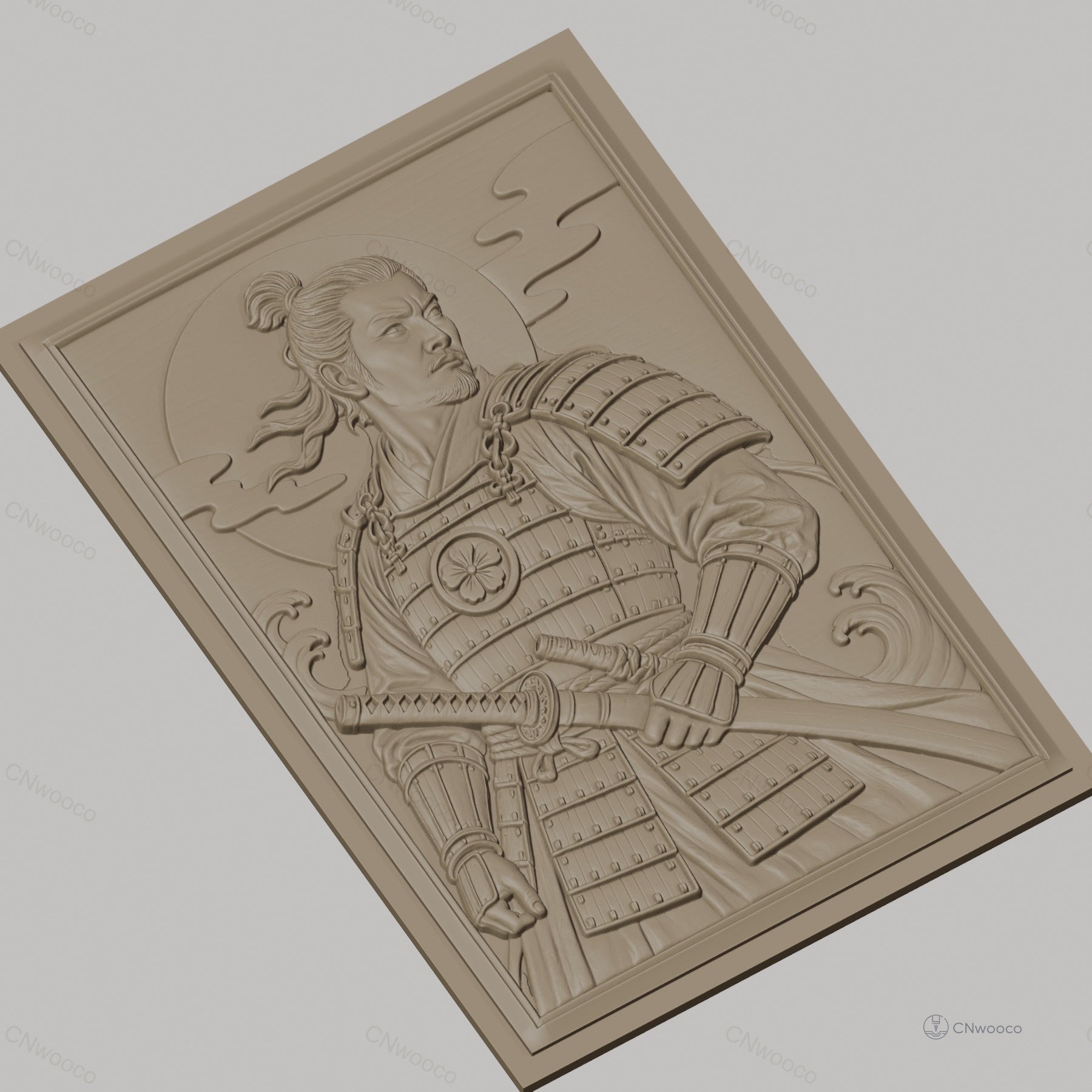 Fichier CNC & impression 3D samouraï en armure, katana et vagues, haute qualité relief STL