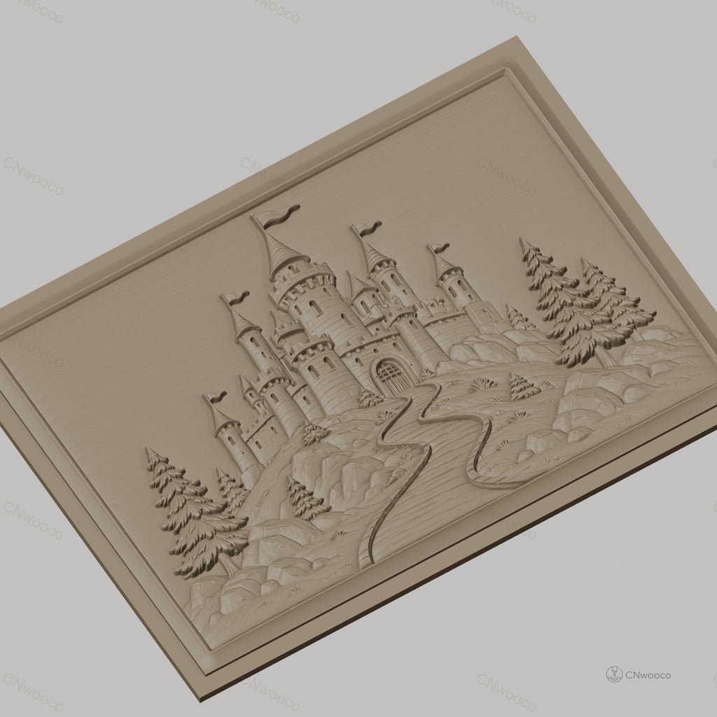 Fichier CNC & impression 3D château féerique, route sinueuse, arbres et rochers, haute qualité relief STL