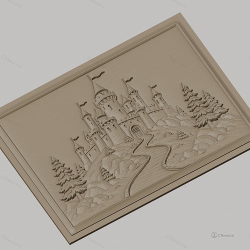 Fichier CNC & impression 3D château féerique, route sinueuse, arbres et rochers, haute qualité relief STL