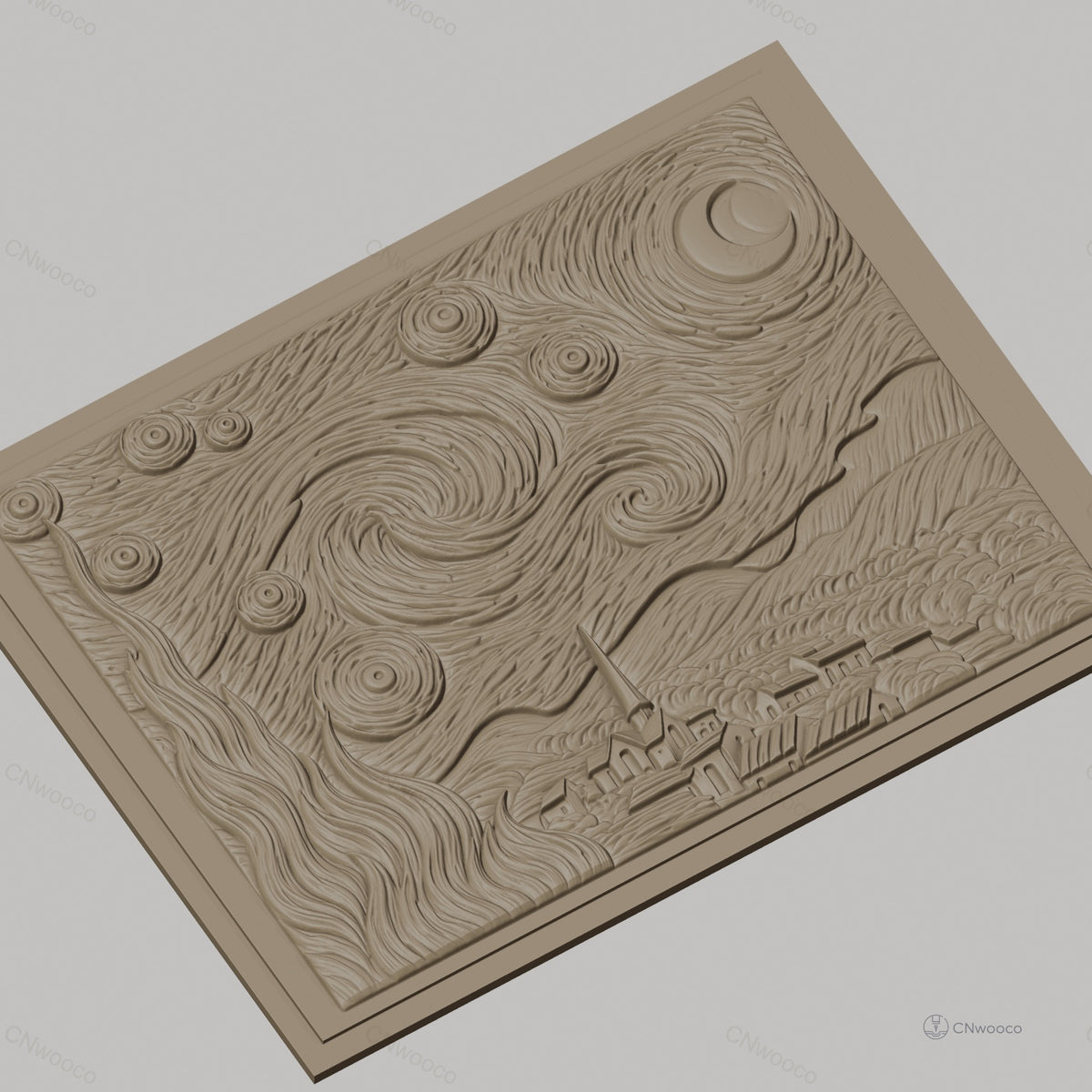 Fichier CNC & impression 3D La Nuit étoilée, village, ciel tourbillonnant haute qualité relief STL