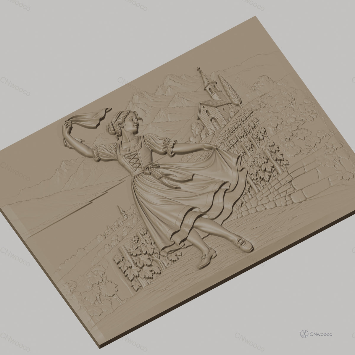 Fichier CNC & impression 3D danseuse folklorique, village, rangées de vigne, montagnes, haute qualité relief STL