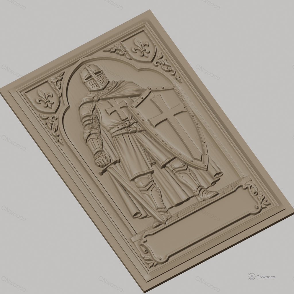 Fichier CNC & impression 3D chevalier armure médiévale, épée et bouclier croix, haute qualité relief STL