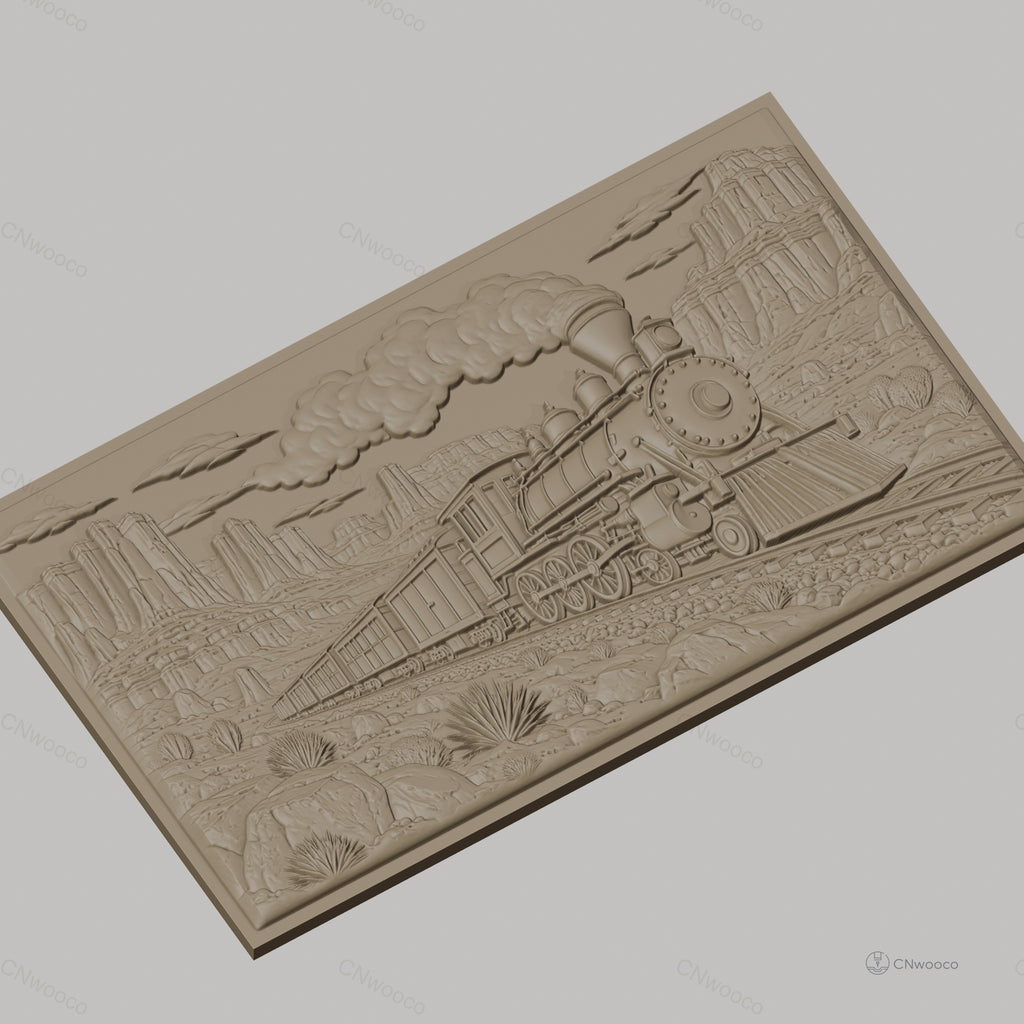Fichier CNC & impression 3D train à vapeur, paysage désertique avec rochers et cactus, haute qualité relief STL