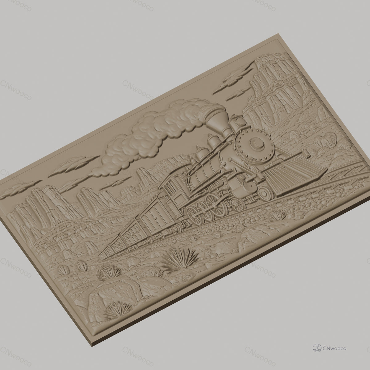 Fichier CNC & impression 3D train à vapeur, paysage désertique avec rochers et cactus, haute qualité relief STL