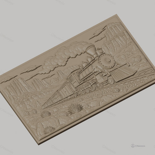 Fichier CNC & impression 3D train à vapeur, paysage désertique avec rochers et cactus, haute qualité relief STL