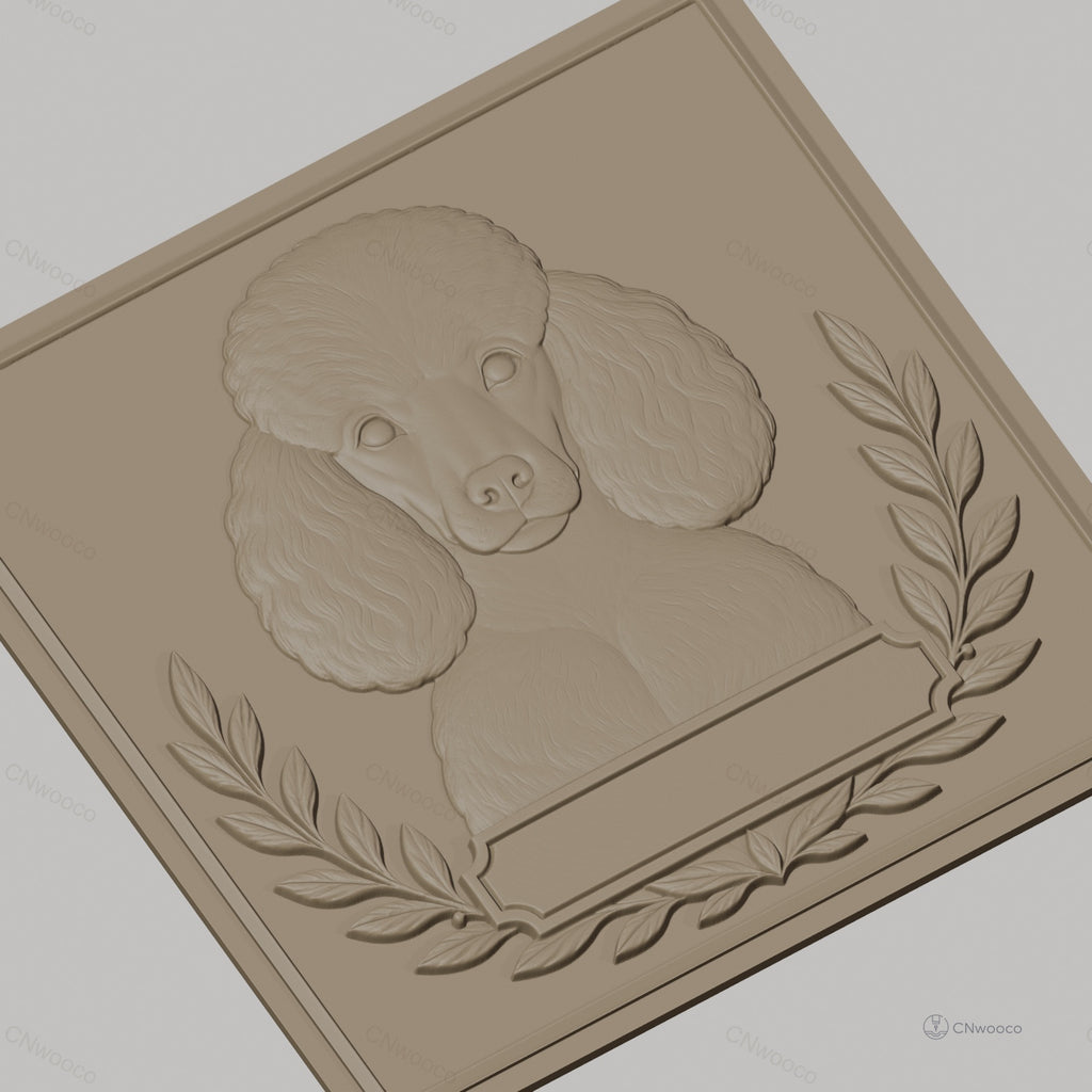 Fichier CNC & impression 3D chien caniche avec feuilles décoratives, haute qualité relief STL