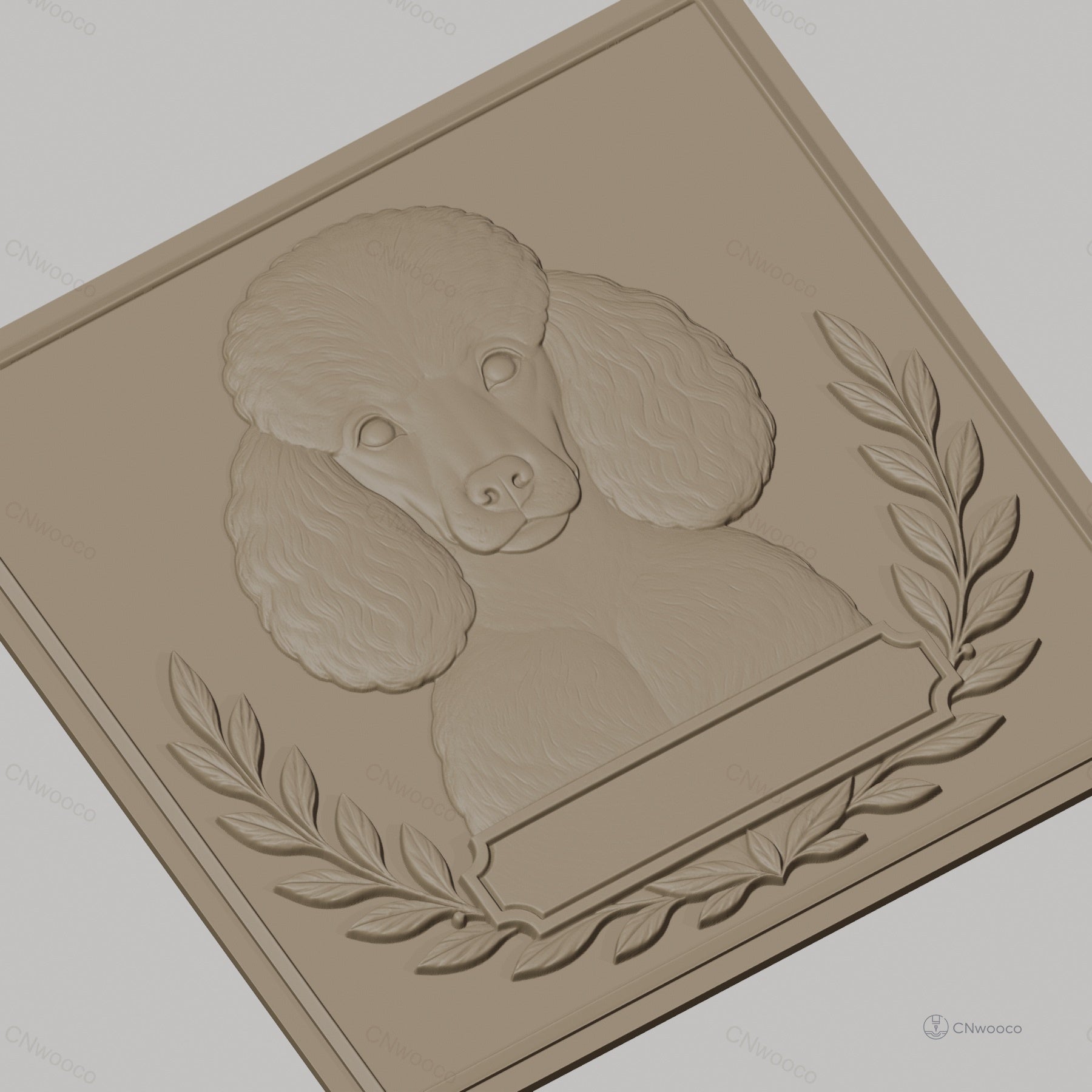 Fichier CNC & impression 3D chien caniche avec feuilles décoratives, haute qualité relief STL