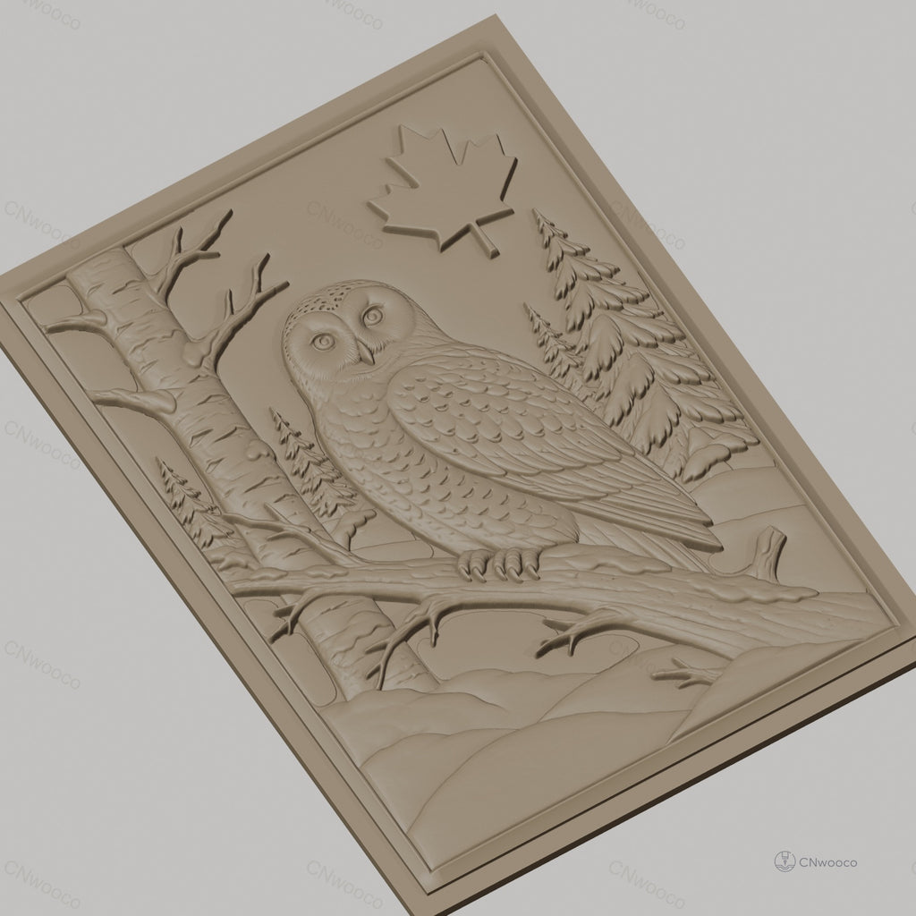 Fichier CNC & impression 3D hibou sur branche en forêt, feuille d'érable, haute qualité relief STL