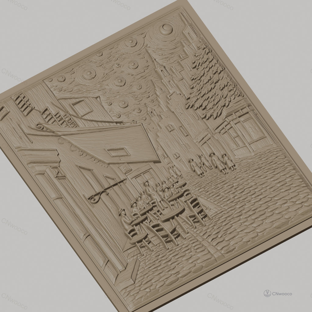 Fichier CNC & impression 3D scène de rue vintage avec café en plein air, bâtiments anciens et ciel étoilé, haute qualité relief STL