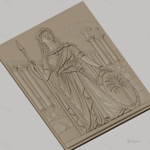 Fichier CNC & impression 3D reine antique, lance bouclier palmier colonnes grecques, haute qualité relief STL