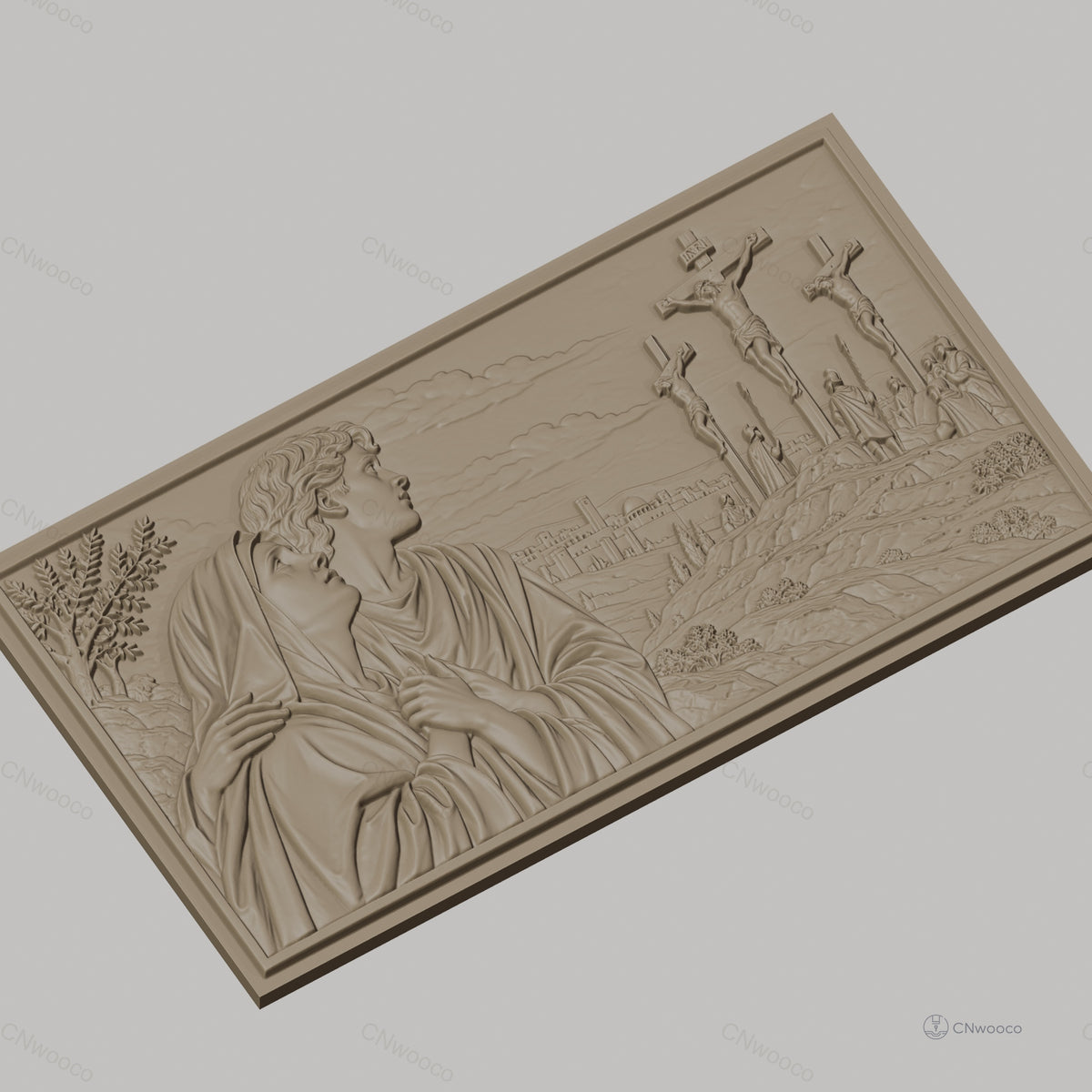 Fichier CNC & impression 3D scène de crucifixion, Marie et Jean en prière, haute qualité relief STL