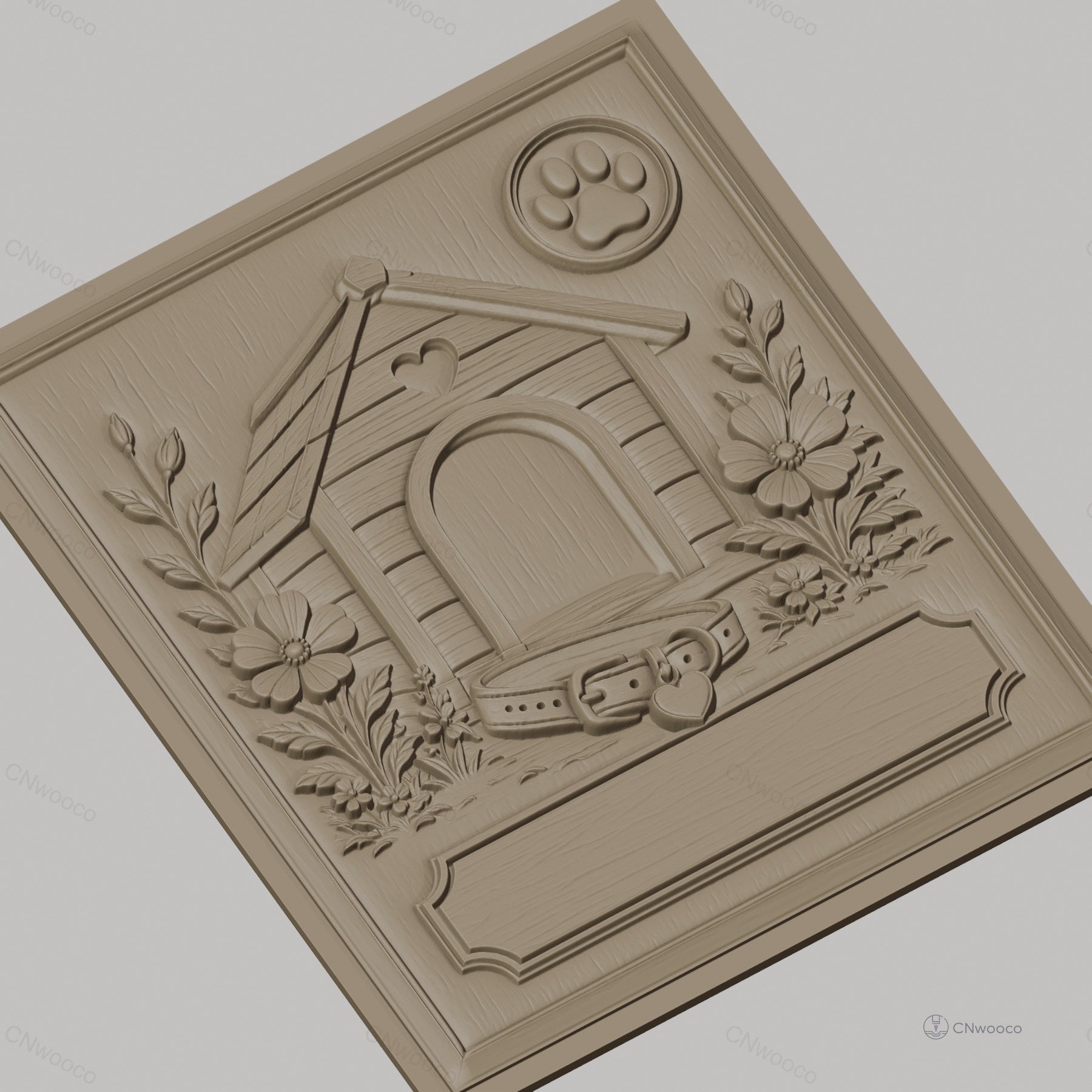 Fichier CNC & impression 3D niche de chien, collier, fleurs et empreinte, haute qualité relief STL