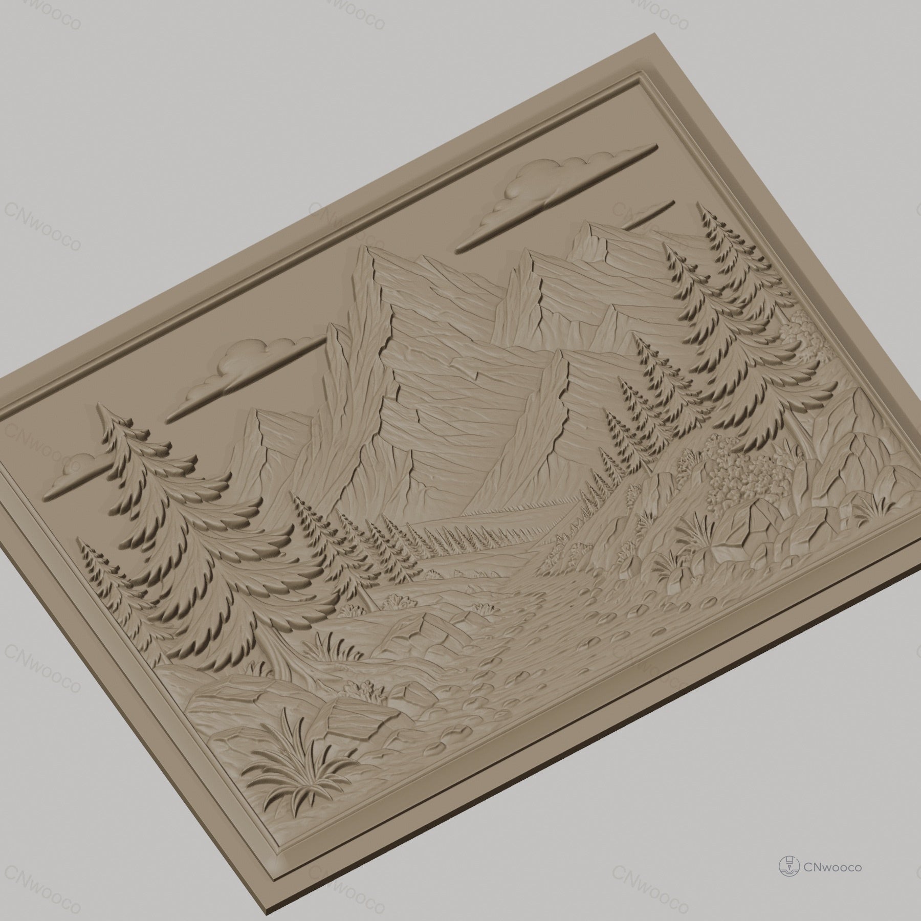 Fichier CNC & impression 3D paysage montagneux, sapins, ruisseau et rochers, haute qualité relief STL