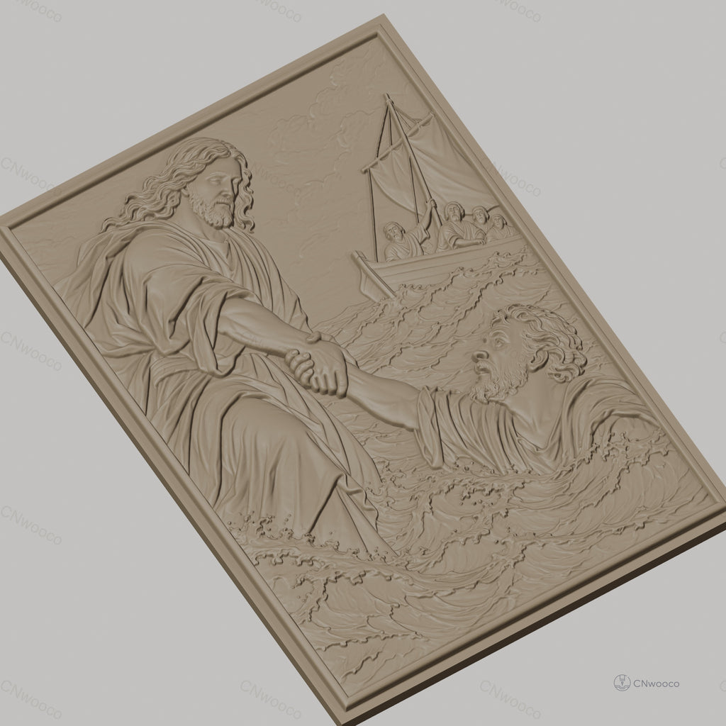 Fichier CNC & impression 3D scène Jésus sauvant Pierre, bateau, eau agitée haute qualité relief STL