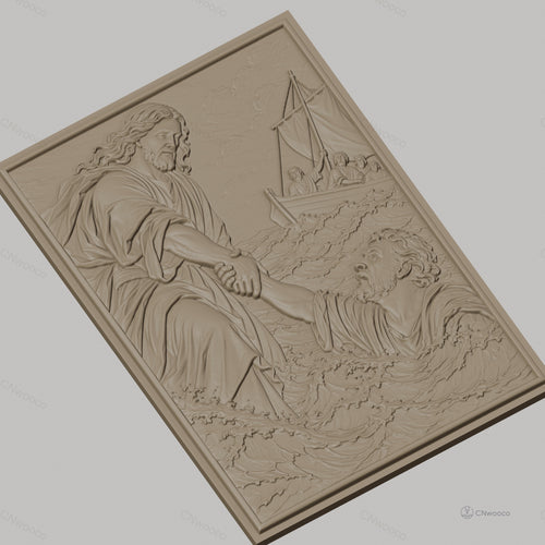 Fichier CNC & impression 3D scène Jésus sauvant Pierre, bateau, eau agitée haute qualité relief STL