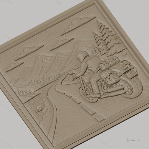 Fichier CNC & impression 3D road trip moto, motard sur route montagne, arbres et ciel, haute qualité relief STL