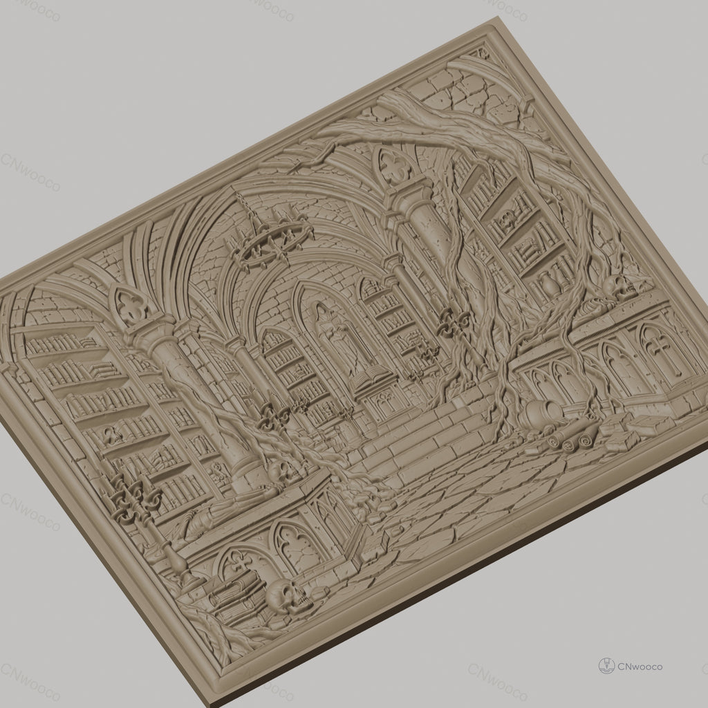Fichier CNC & impression 3D bibliothèque gothique avec crânes, tombeaux et racines, haute qualité relief STL