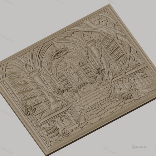 Fichier CNC & impression 3D bibliothèque gothique avec crânes, tombeaux et racines, haute qualité relief STL