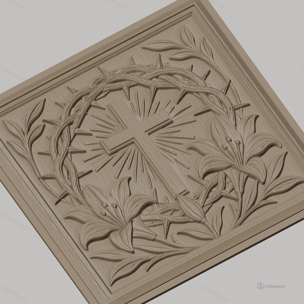 Fichier CNC & impression 3D croix chrétienne, couronne d’épines et lys, haute qualité relief STL