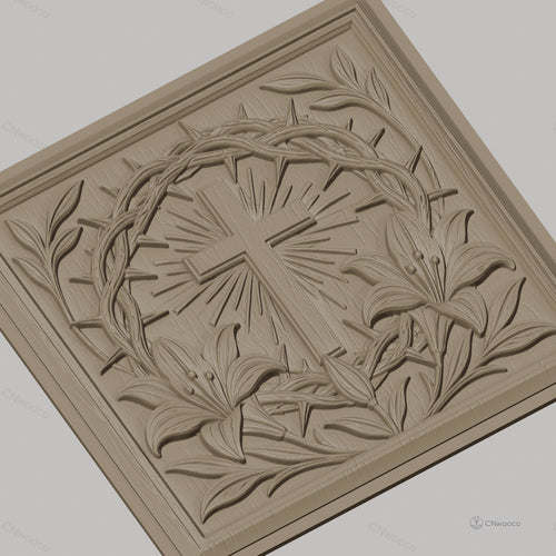 Fichier CNC & impression 3D croix chrétienne, couronne d’épines et lys, haute qualité relief STL