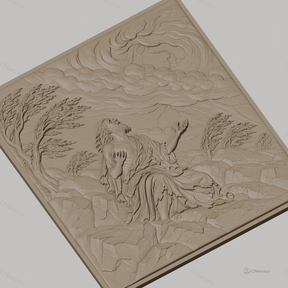 Fichier CNC & impression 3D scène biblique prière sur rochers avec nuages et arbres, haute qualité relief STL