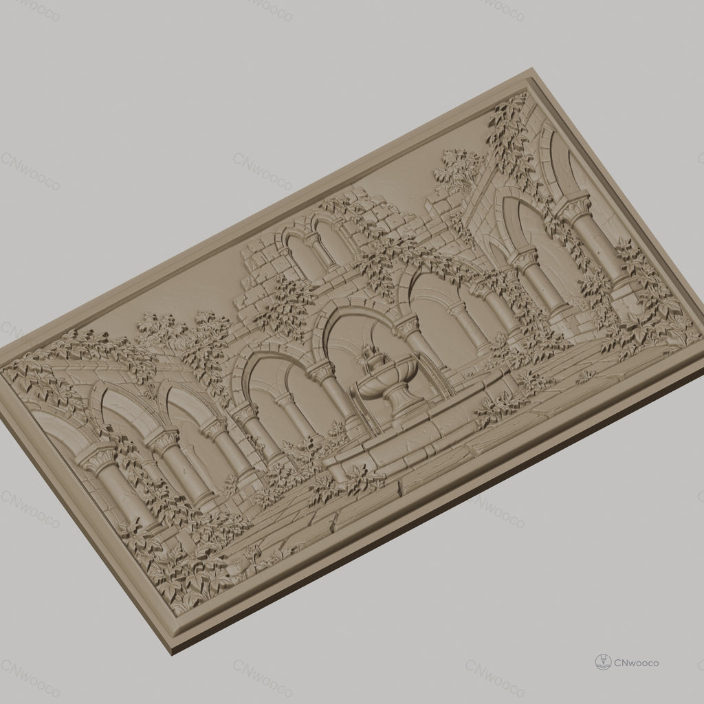 Fichier CNC & impression 3D cloître ancien, fontaine centrale et archades gothiques, haute qualité relief STL