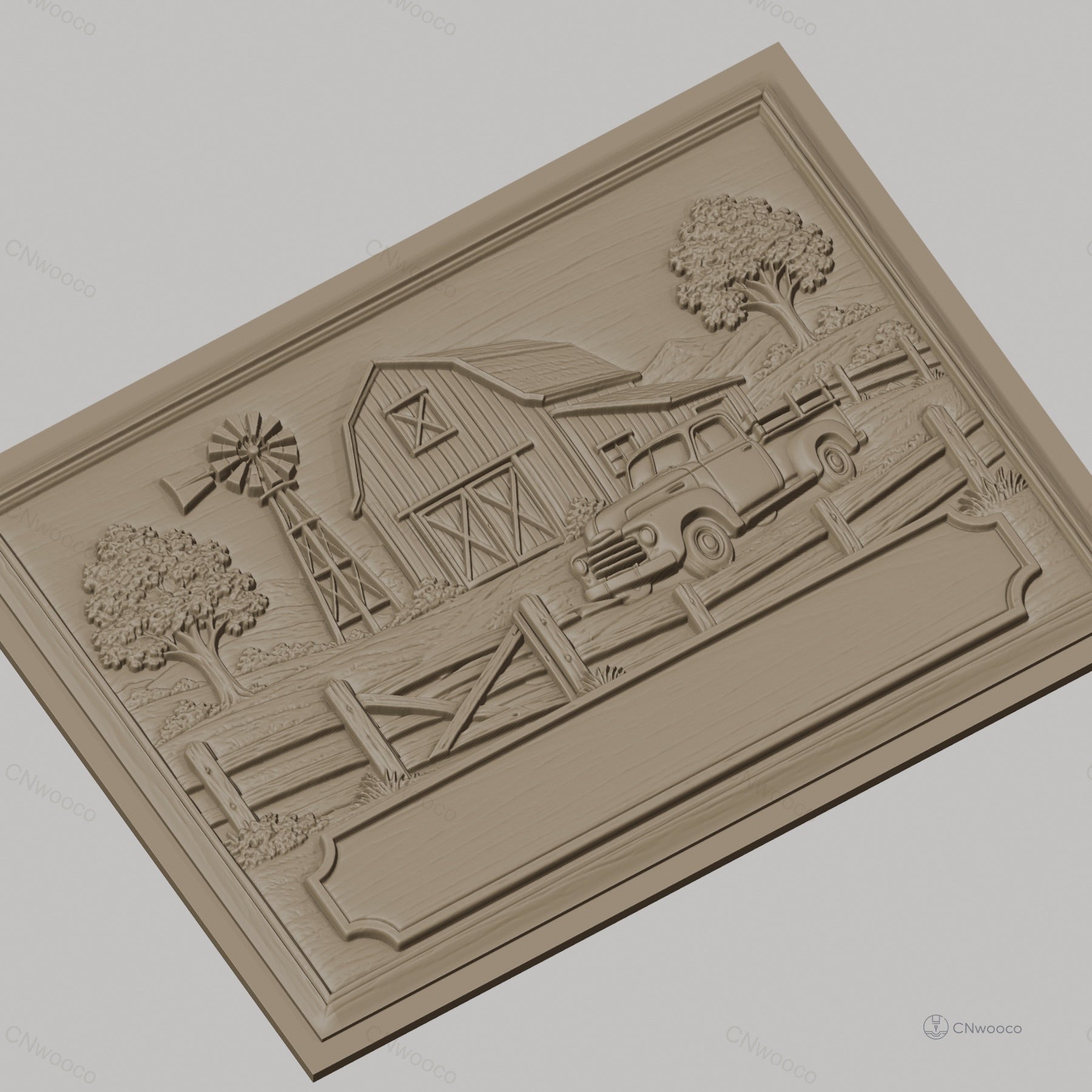 Fichier CNC & impression 3D paysage de ferme avec grange, vieux camion et moulin à vent, haute qualité relief STL