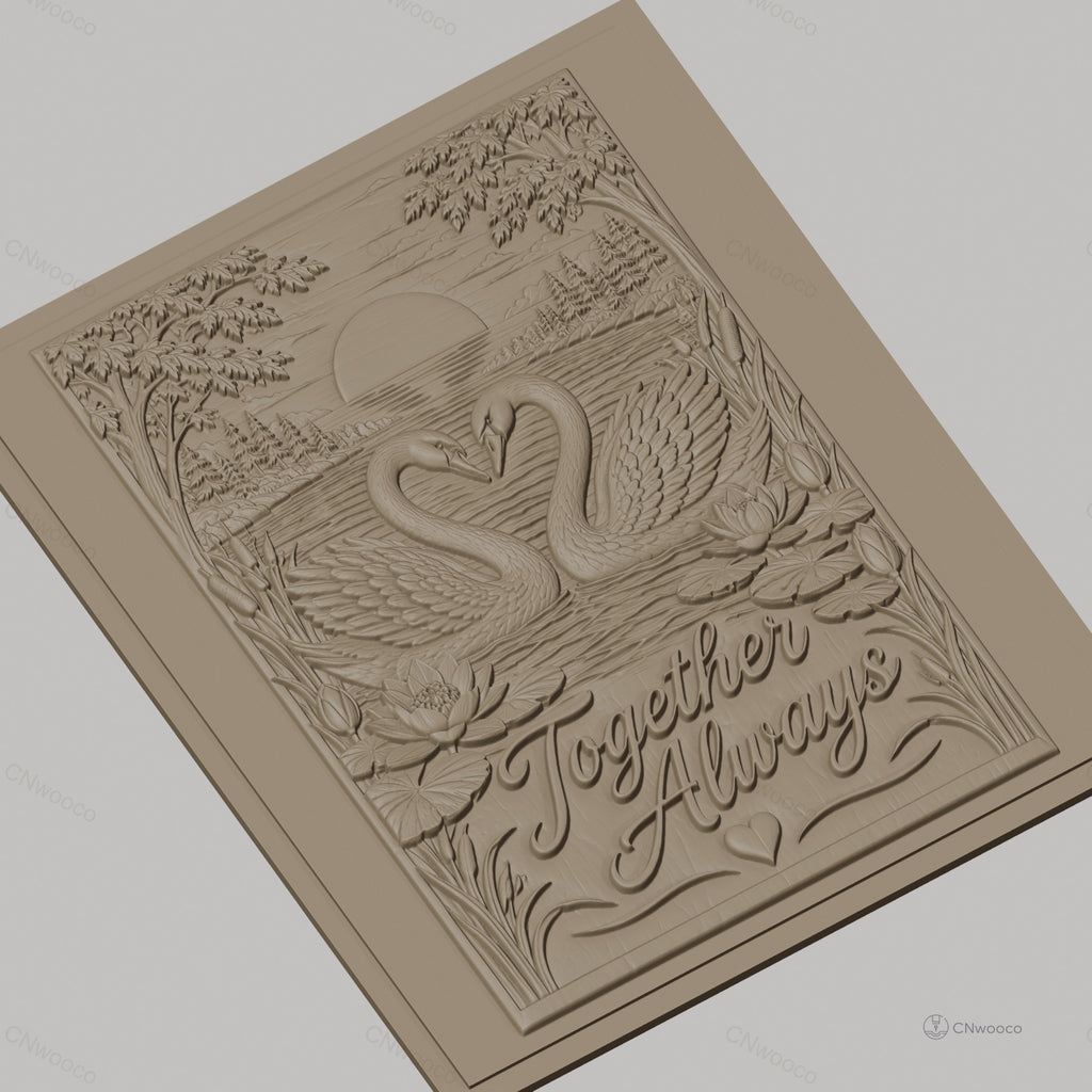 Fichier CNC & impression 3D cygnes en amour, lac, fleurs de nénuphar, texte Together Always, haute qualité relief STL