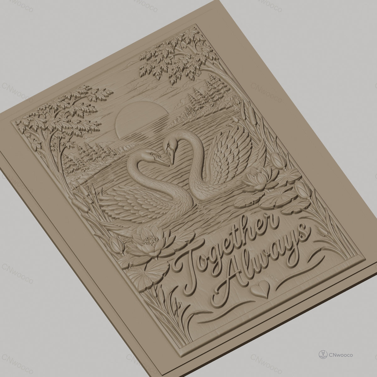 Fichier CNC & impression 3D cygnes en amour, lac, fleurs de nénuphar, texte Together Always, haute qualité relief STL