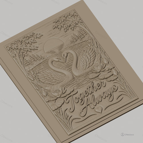 Fichier CNC & impression 3D cygnes en amour, lac, fleurs de nénuphar, texte Together Always, haute qualité relief STL