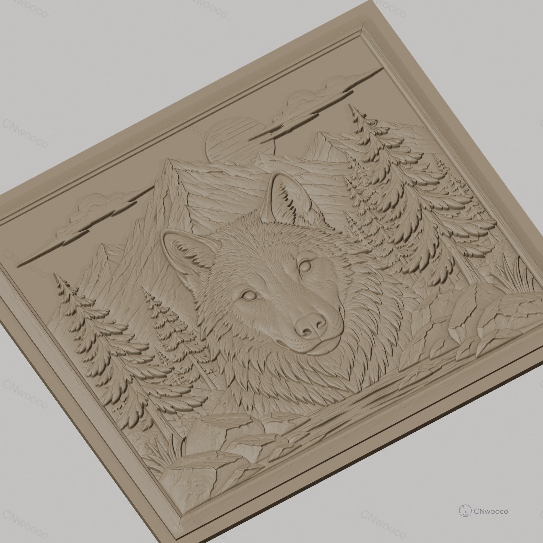 Fichier CNC & impression 3D loup montagne forêt rochers haute qualité relief STL